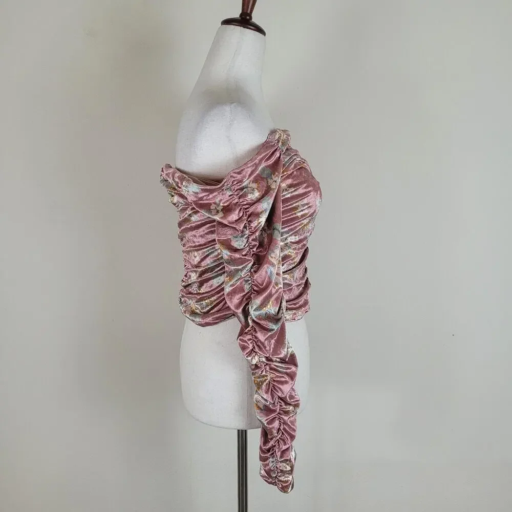 Free People Top Med Pink Velvet Floral Off The Shoulder Ruched Puff Sleeve Reina